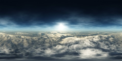 Fototapeta na wymiar HDRI, environment map , Round panorama, spherical panorama, equidistant projection, panorama 360, Panorama of clouds, flying above the clouds, the starry sky above the clouds,