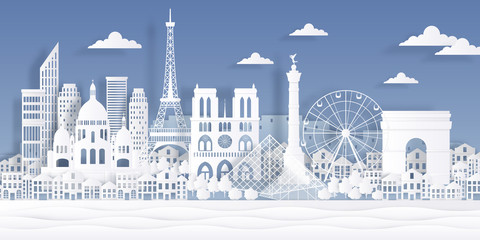 Fototapeta premium Paris paper landmark. Eiffel tower french monument, travel city symbol, paper cut cityscape design. Vector Paris origami skyline landscape