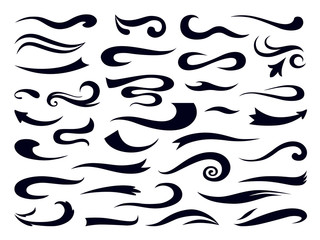 Swashes and swooshes. Curly swirl elements, retro typography underline design template, font lettering accent. Vector sports vintage black logo set