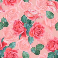Seamless watercolor pattern of roses 2. Hand drawing.