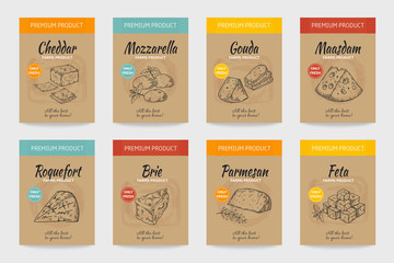 Cheese posters. Gourmet food vintage sketch, organic menu design, cheese and milk product package. Vector doodle hand draw snacks banner set