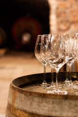 Glass of wine in the wine cellar. Concept Wine industry