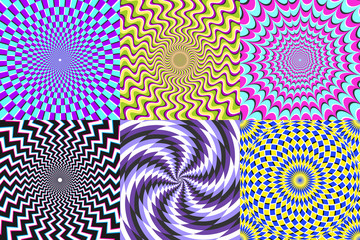 Fototapeta premium Spirala psychodeliczna. Złudzenie optyczne, spirale złudzenia i zestaw ilustracji wektorowych spirala hipnozy kolorowe abstrakcji