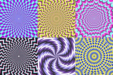 Psychedelische Spirale. Optische Täuschung, Wahnspiralen und bunte Abstraktionshypnose-Spiralvektor-Illustrationsset © Tartila
