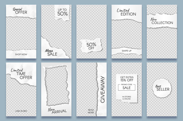 Torn paper stories template. Paper scraps social media story posts branding, minimal trends photo frames templates layout vector set