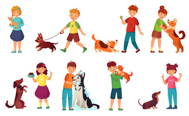Kids playing with dogs. Child feeding dog, pet animals care and kid walking with cute puppy cartoon vector illustration set