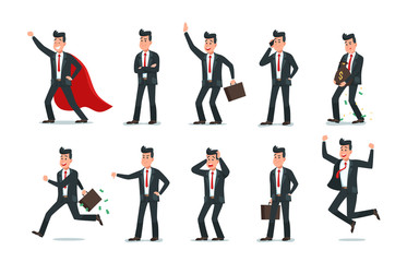 Businessman characters. Man of affairs, office computer work and business worker character vector illustration collection