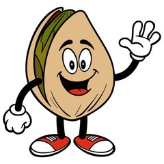 Pistachio Nut Waving - A cartoon illustration of a Pistachio Nut mascot.