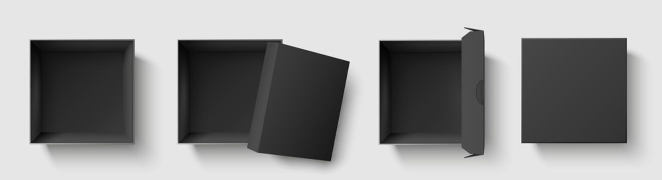 Black top view box. Dark package square boxes with open cap, empty cube packages mockup 3d isolated template vector illustration set