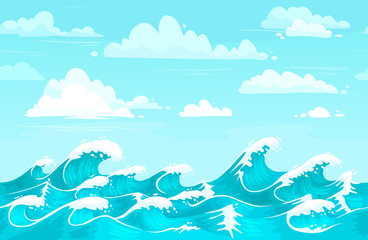 Ocean waves backdrop. Sea water, storm wave and aqua seamless cartoon vector background illustration