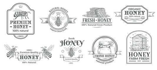 Honey farm badge. Beekeeping logo, retro bee badges and vintage hand drawn mead label vector illustration set - obrazy, fototapety, plakaty