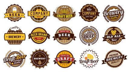 Beer label badges. Retro beers brewery, lager bottle badge and vintage beer emblem isolated vector illustration set