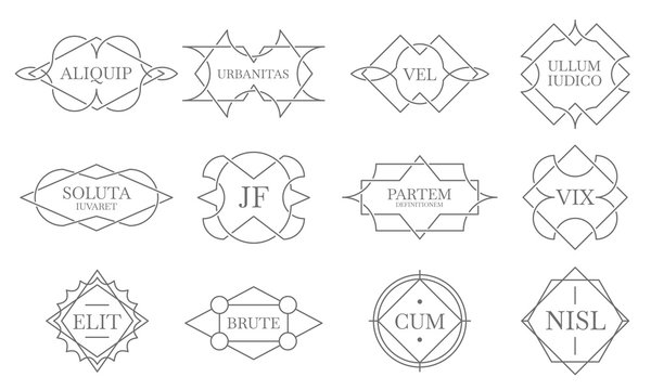Vintage lineart badges. Line stamp frame, decorative badge label and retro lines emblem vector set