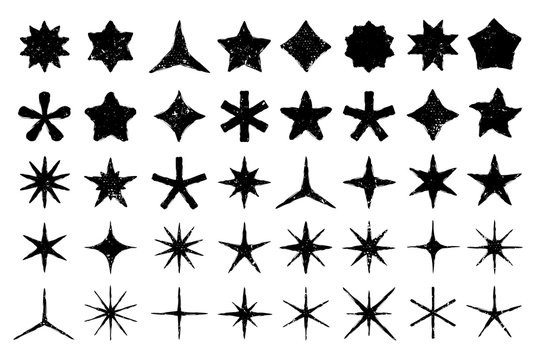 Grunge stars. Hand drawn star, starry doodle and textured favorites icon silhouette isolated vector set