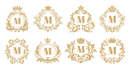 Luxury monogram. Vintage crown logo, golden ornamental monograms and heraldic wreath ornament vector set - obrazy, fototapety, plakaty