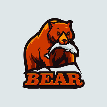 bear eat fish esport logo mascot vector illustration