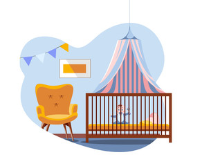 Scene in interior of the nursery. Baby in bed under a canopy next to soft comfortable chair. Boy's Room is decorated with a flag garland. flat cartoon illustration isolated in white background