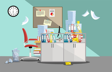 Fototapeta na wymiar Period of accountants and financier reports submission. Pile of paper documents and file folders in cardboard boxes on office table. Flat illustration windows, red chair, waste-basket, clock