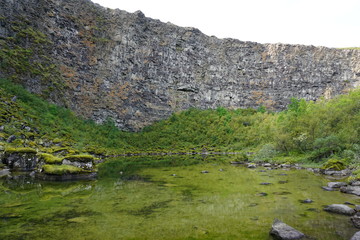 Fantastic Asbyrgi Canyon on Iceland with rocks, trees and beautiful landscape