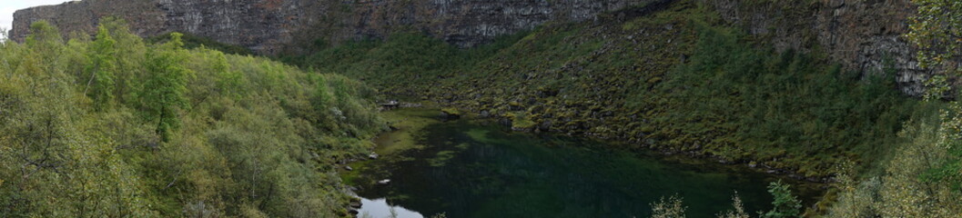 Fantastic Asbyrgi Canyon on Iceland with rocks, trees and beautiful landscape