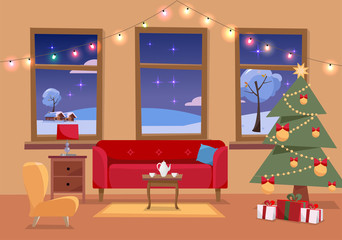 Christmas flat interior illustration of living room decorated for holidays. Cozy home interior with furniture, sofa, armchair, three windows to snowy winter landscape, Christmas tree, gifts, garland
