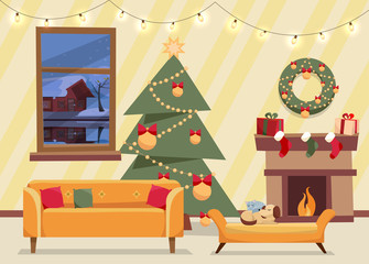 Christmas flat of decorated living room. Cozy home interior with furniture, sofa, window to winter evening landscape, Christmas tree with gifts, garland, fireplace, bench with sleeping cat, dog