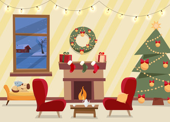 Christmas flat of decorated living room. Cozy home interior with furniture, armchairs, window to winter evening landscape, Christmas tree with gifts, garland, fireplace, sleeping pets on bench