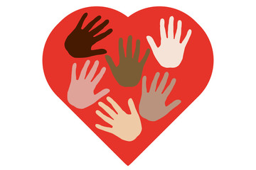 Corazón con diversas manos de diferentes países por la igualdad.