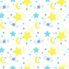 Cute doodle seamless pattern. Moon and stars. Vector illustration.