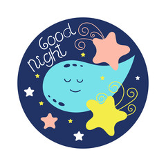 Good night. Cute doodle, Moon and stars. Vector illustration.