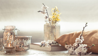 still life flowers with decorative objects in the living room