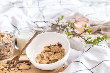 still life with a beautiful healthy Breakfast in bed