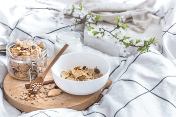 still life with a beautiful healthy Breakfast in bed