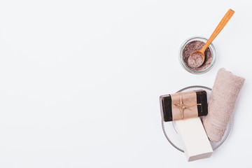 Cosmetic scrub of ground coffee and sea salt