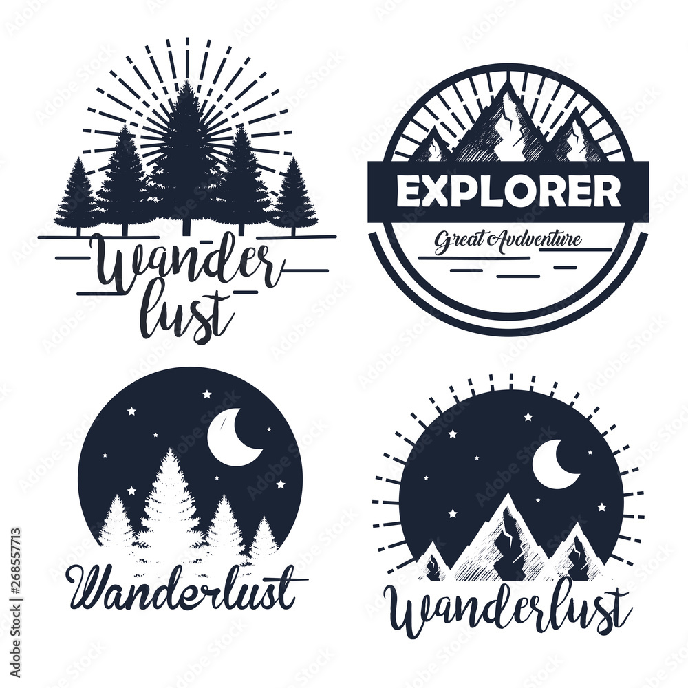 Sticker set of labels with pines trees and snowy mountains with moon