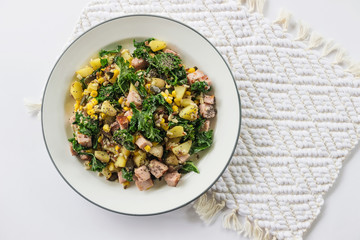 homemade healthy potato salad dish on white background 