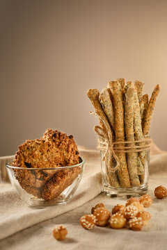 Still Life With Bread Sticks, Oatmeal Cookies And Breadballs.