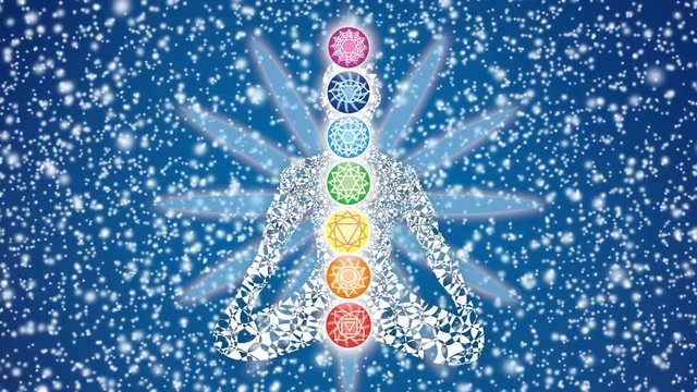 Silhouette of yoga in the lotus position against the background of a rolling mandala and the starry sky. 7 chakras with symbols. Video art.