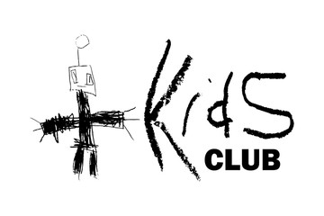 Vector hand drawn childlike robot drawing for kids club logo, infant event, baby group poster. Child pencil doodle, textured text. Cute robot illustration. Brush texture. Kid's club logo concept.