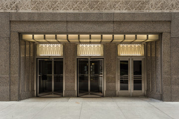 Classic building entrance with lights