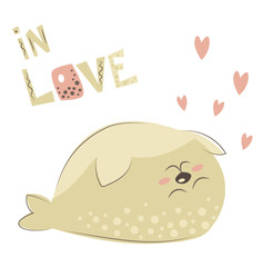Print a cute brown seal lying on its back with stains on the wall with closed eyes with hearts. inscription in love. Vector graphics. for design, cards