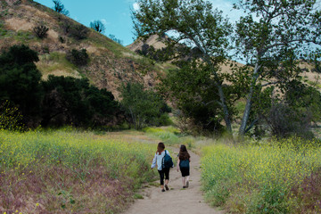 Obraz premium Woman and daughter walking together on a trail or dirt road in the woods next to a yellow field