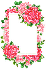 Floral Frame with roses with space for text on white background. Watercolor and marker art. Romantic invitation. Wedding, marriage, bridal, birthday, Valentine's day.