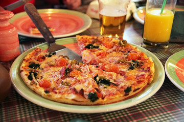 Fresh pizza with tomatoes, cheese, pepperoni, olive and mushrooms. Traditional italian pizza on dish plate with spatula in side view.