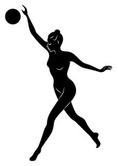 Silhouette of slender lady. The girl plays the ball. Female gymnast. Graphic image. Vector illustration.