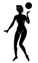 Silhouette of slender lady. The girl plays the ball. Female gymnast. Graphic image. Vector illustration.