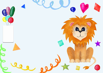 Cute greeting card for kids with lion. birthday invitation with place for text with baby blue background.