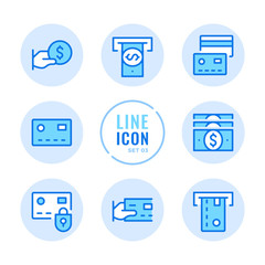 Credit card vector line icons set. ATM, cashback, withdraw cash, online payment outline symbols. Modern simple stroke graphic elements. Round icons