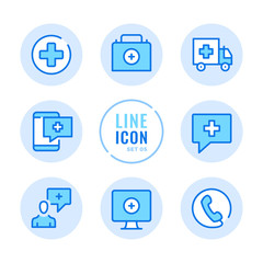 Medical help vector line icons set. Medicine, call an ambulance, medical assistance, first aid kit, emergency outline symbols. Modern simple stroke graphic elements. Round icons