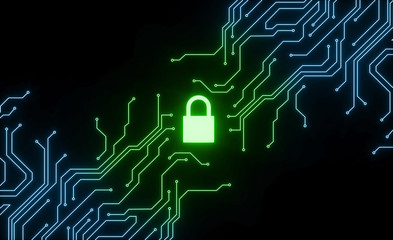 Cyber security concept. IT security.Protect mechanism, system privacy.Closed Padlock with micro scheme.Safety concept. - 3d render